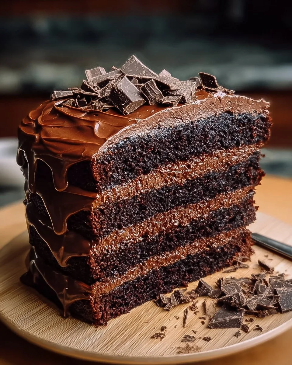 Deliciously rich Triple Chocolate Cake with layers of chocolate frosting and ganache.