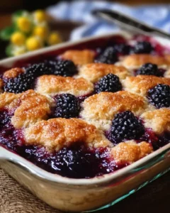 Delicious warm blackberry cobbler topped with ice cream