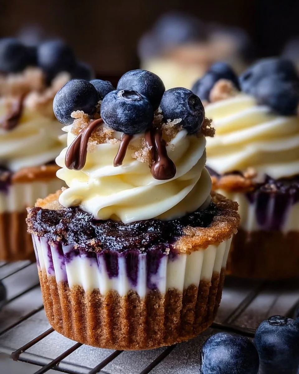 White chocolate blueberry cheesecake cupcakes topped with fresh blueberries.