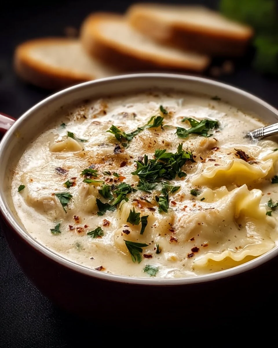 Delicious bowl of white lasagna soup with cheese and herbs