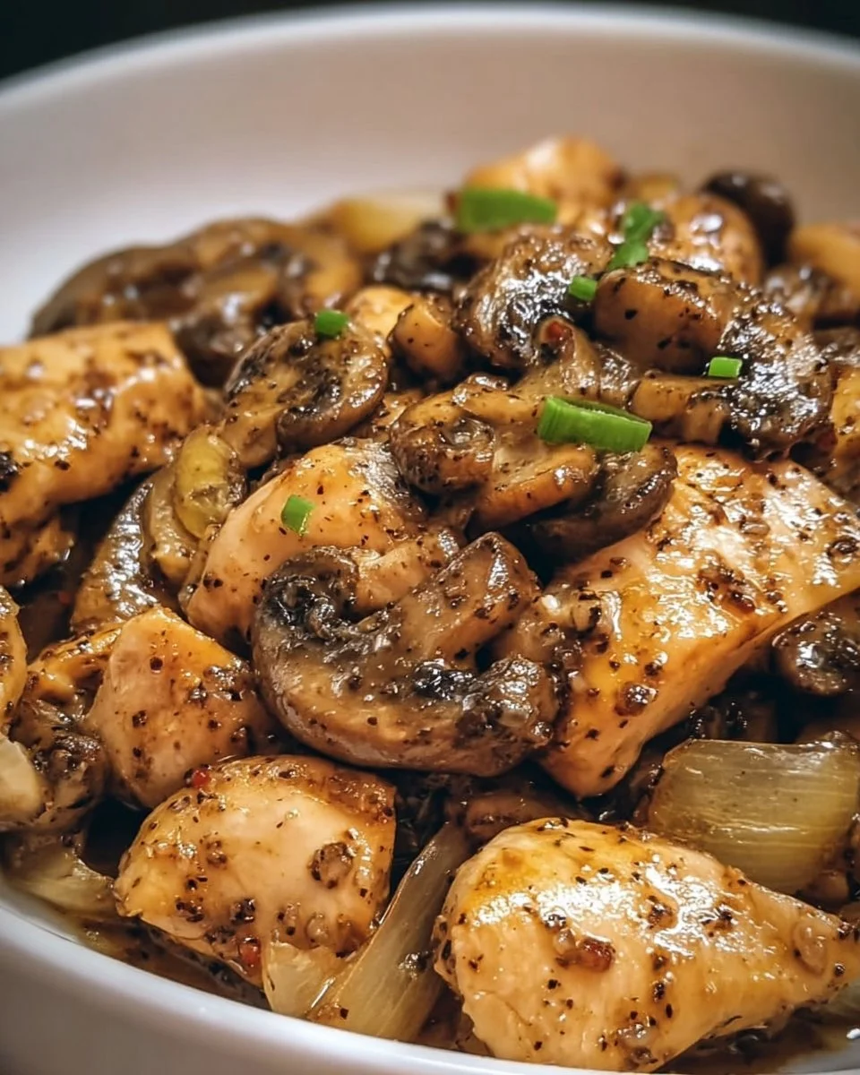 Delicious black pepper chicken stir-fry with mushrooms on a plate