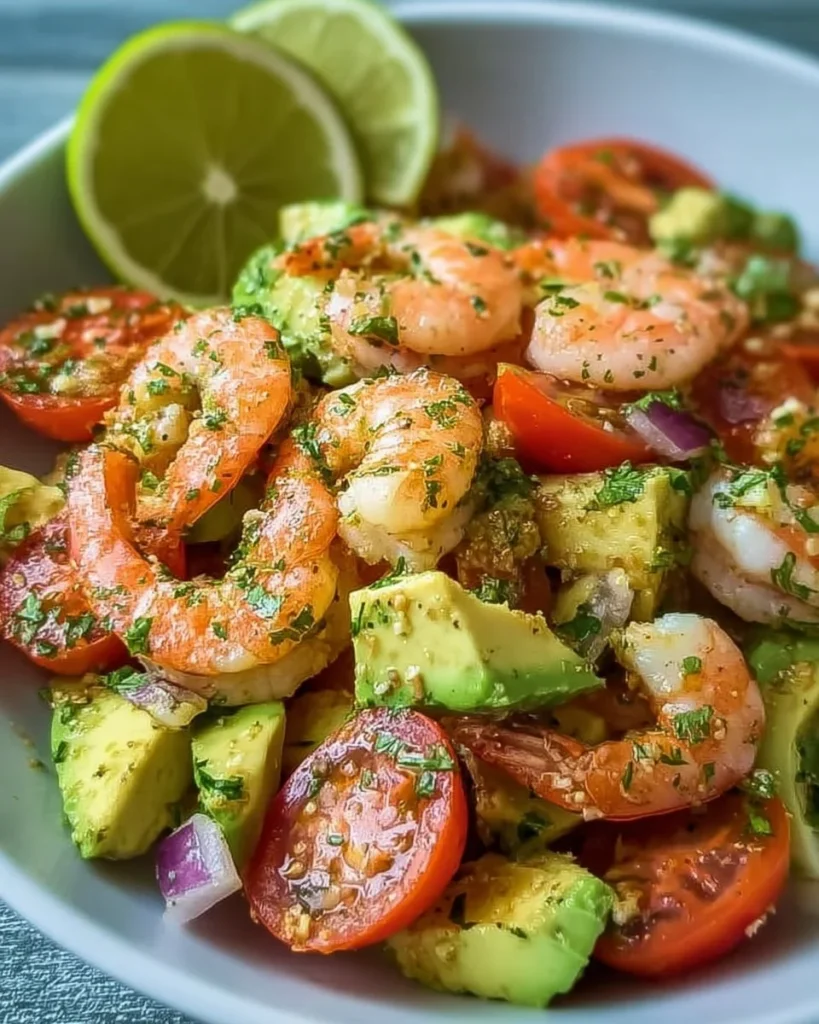 Zesty lime shrimp and avocado salad in a bowl garnished with lime slices.