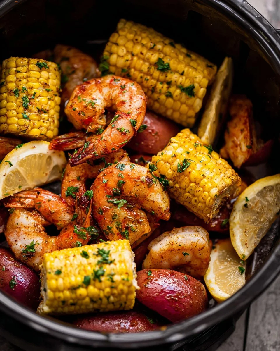Air fryer shrimp boil served on a table with corn and potatoes
