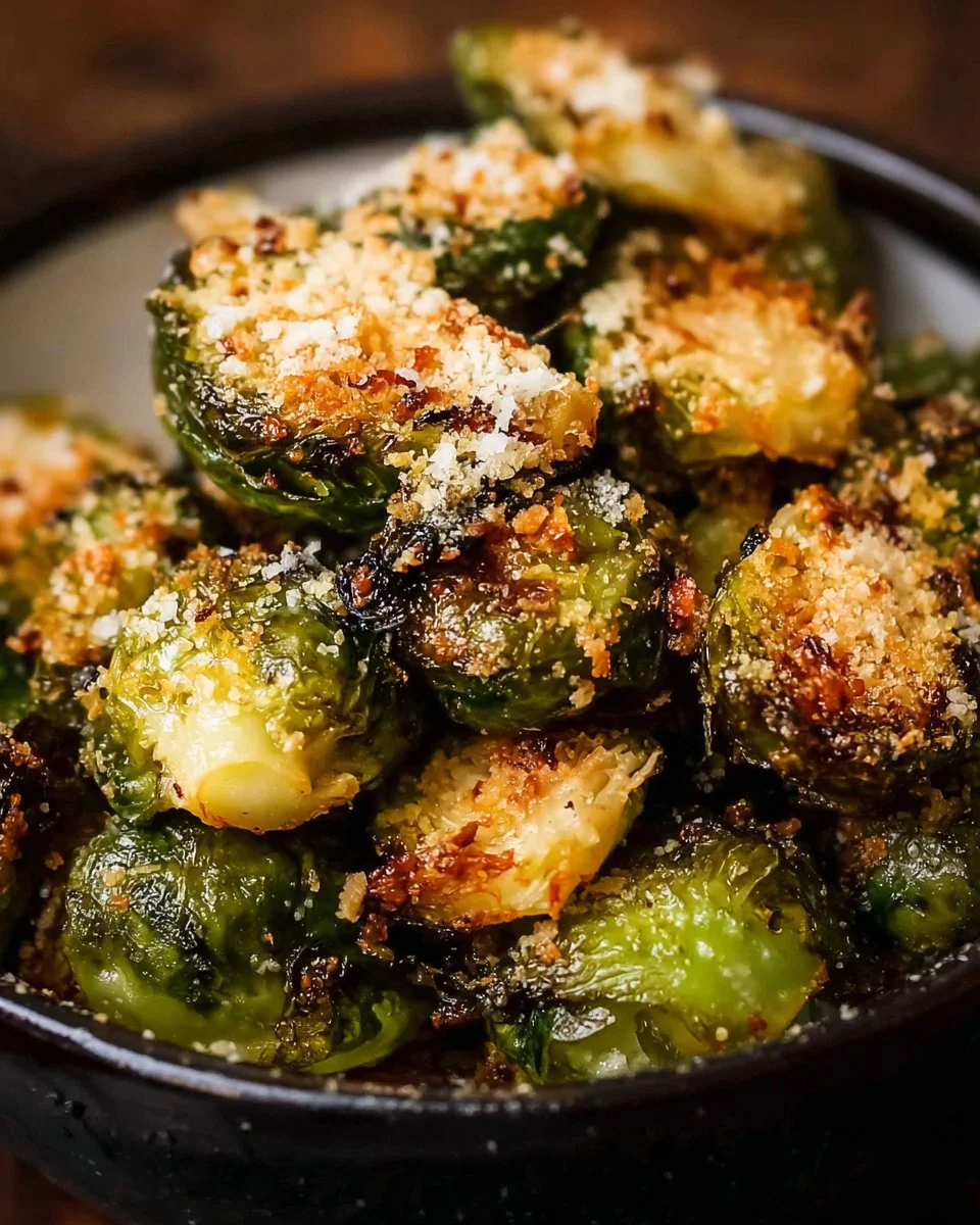 Crispy Parmesan Garlic Roasted Brussels Sprouts on a serving platter