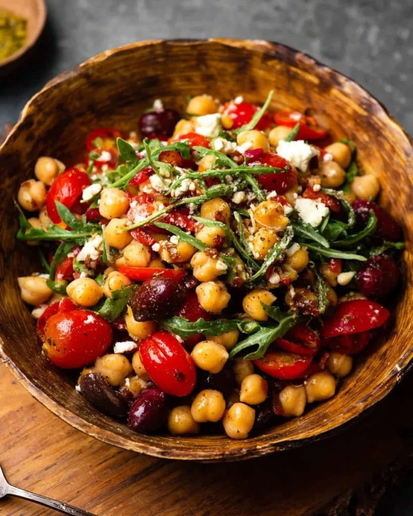 Colorful Antipasto Chickpea Salad with vegetables on a plate