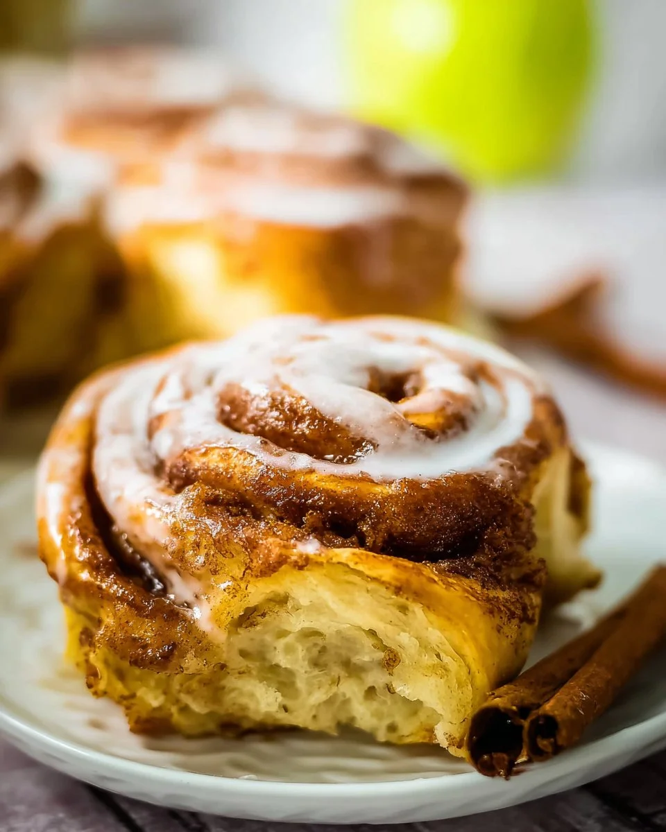 Freshly baked apple cinnamon rolls topped with icing on a rustic wooden table.