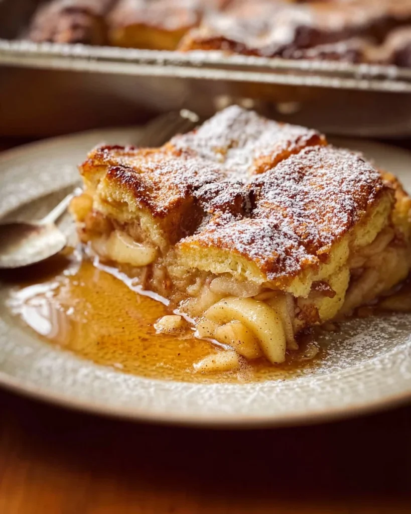 Apple Pie Overnight French Toast Casserole topped with cinnamon and apples