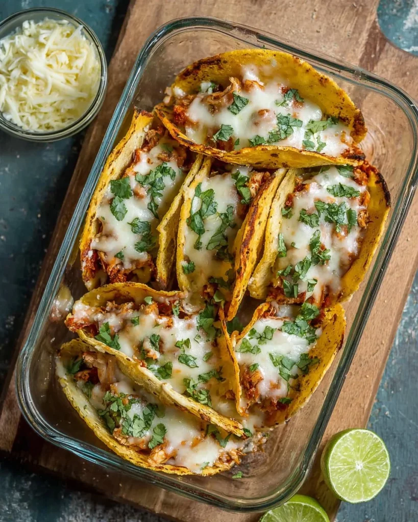 Baked Chicken Tacos topped with fresh ingredients and ready to serve