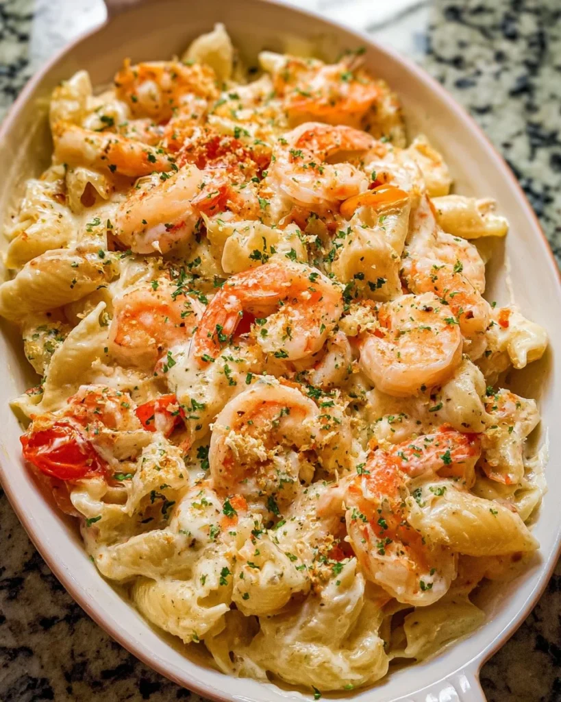 Baked cream cheese pasta with shrimp topped with herbs and cheese