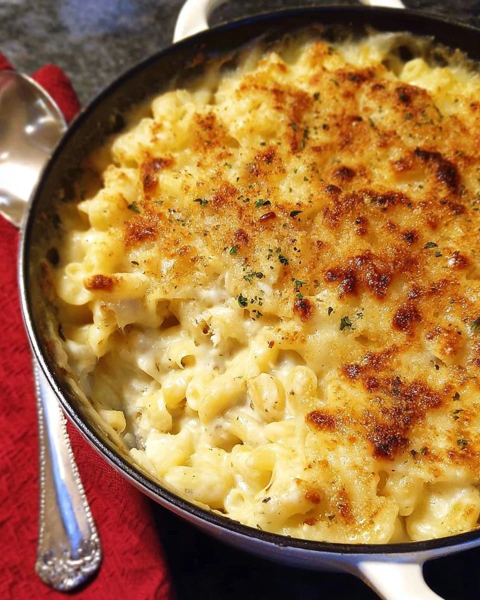 Baked One Pot Mac and Cheese served in a dish with melted cheese and pasta