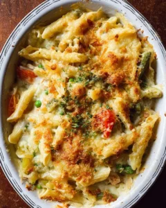 Baked Pasta Primavera with Cream Cheese Alfredo served in a colorful dish