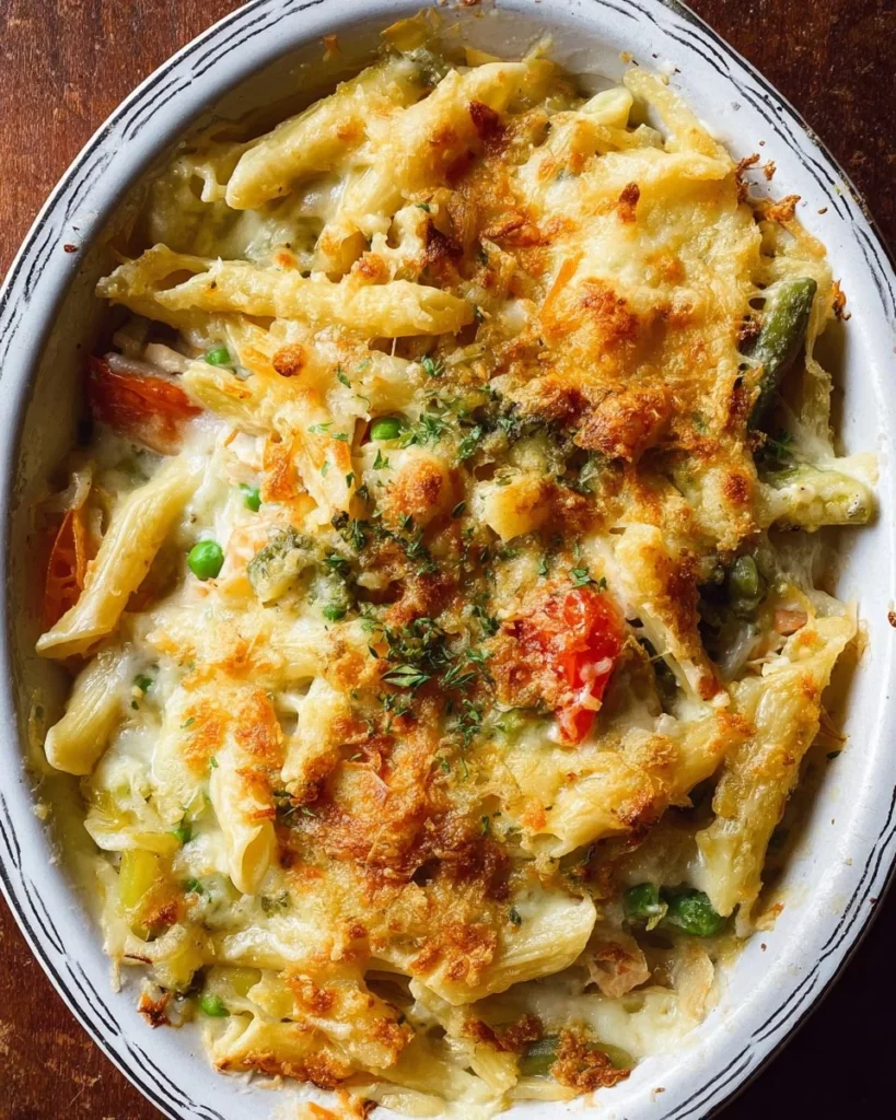 Baked Pasta Primavera with Cream Cheese Alfredo served in a colorful dish
