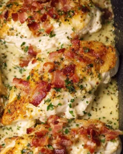 Baked Ranch Chicken with Bacon garnished with herbs on a white plate