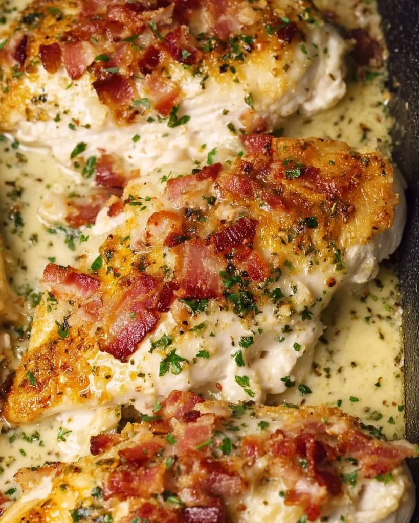 Baked Ranch Chicken with Bacon garnished with herbs on a white plate