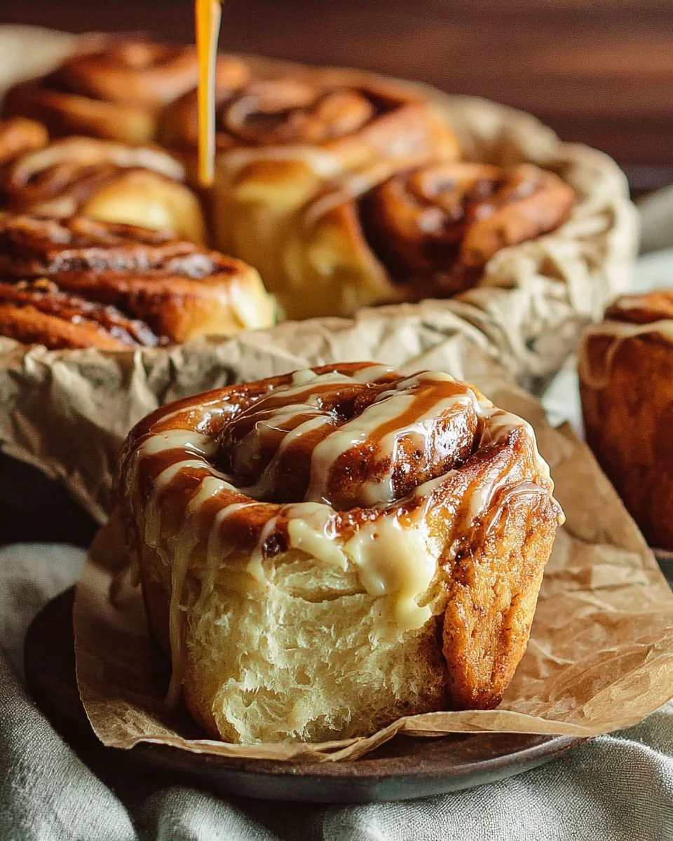 Freshly baked bakery style cinnamon rolls with icing on a plate