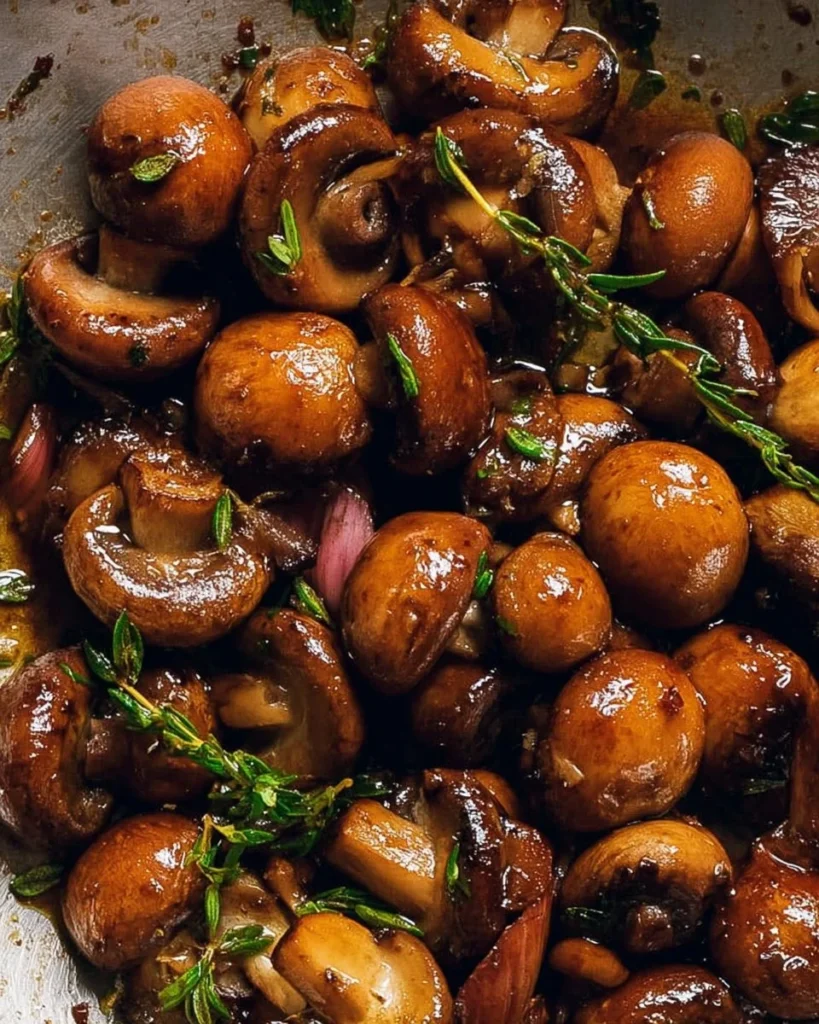 Balsamic marinated mushrooms in a bowl, garnished with herbs.