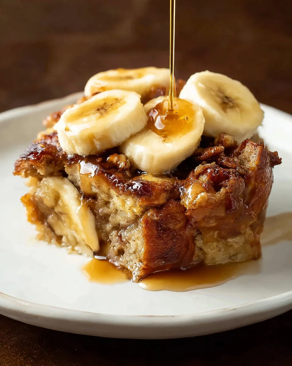 Deliciously baked Banana Bread Pudding topped with a caramel sauce