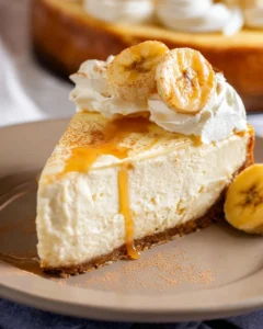 Delicious banana pudding cheesecake topped with whipped cream and banana slices.