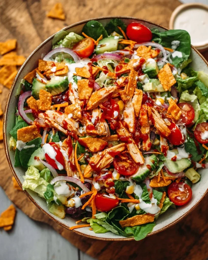 Delicious BBQ Chicken Salad with grilled chicken, veggies, and BBQ sauce