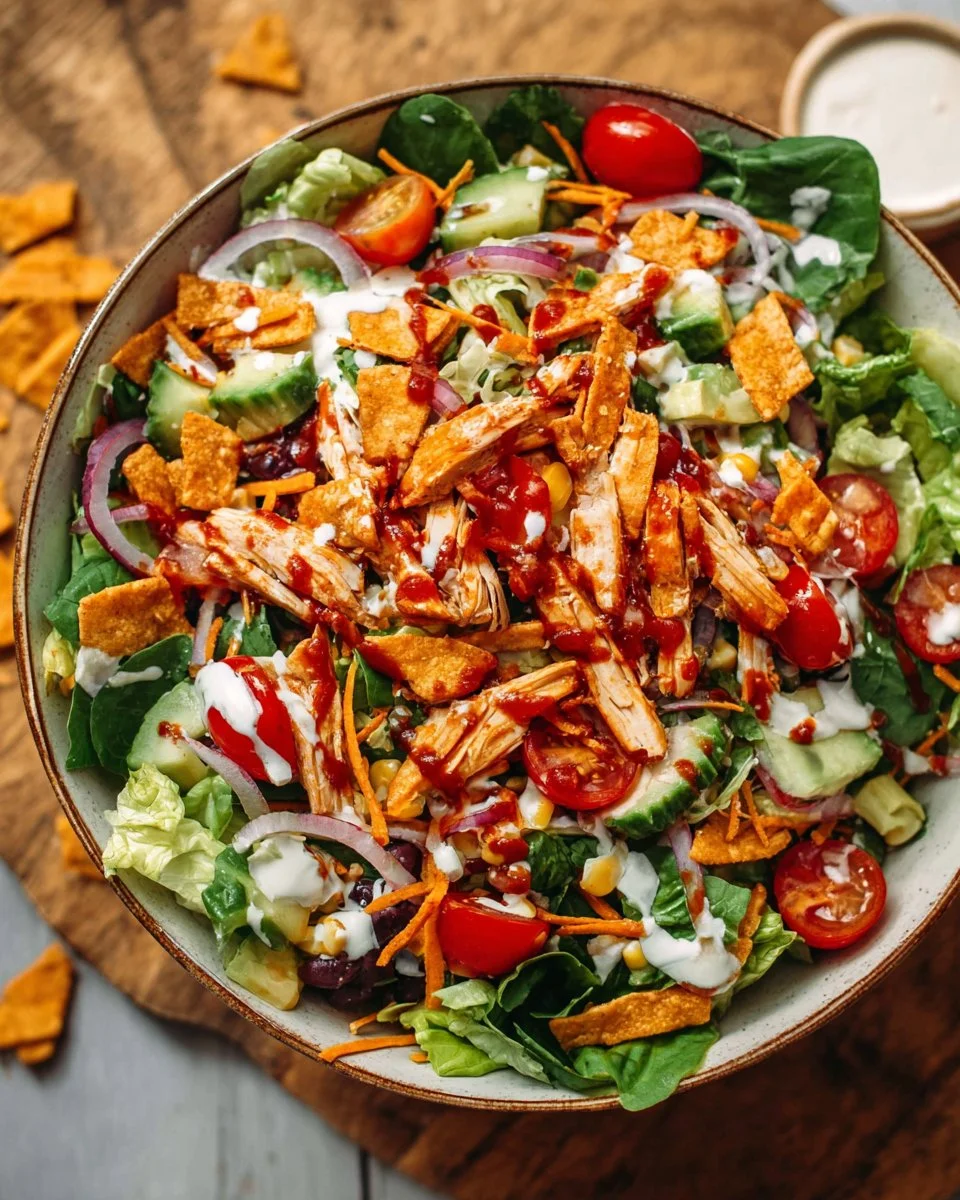 Delicious BBQ Chicken Salad with grilled chicken, veggies, and BBQ sauce