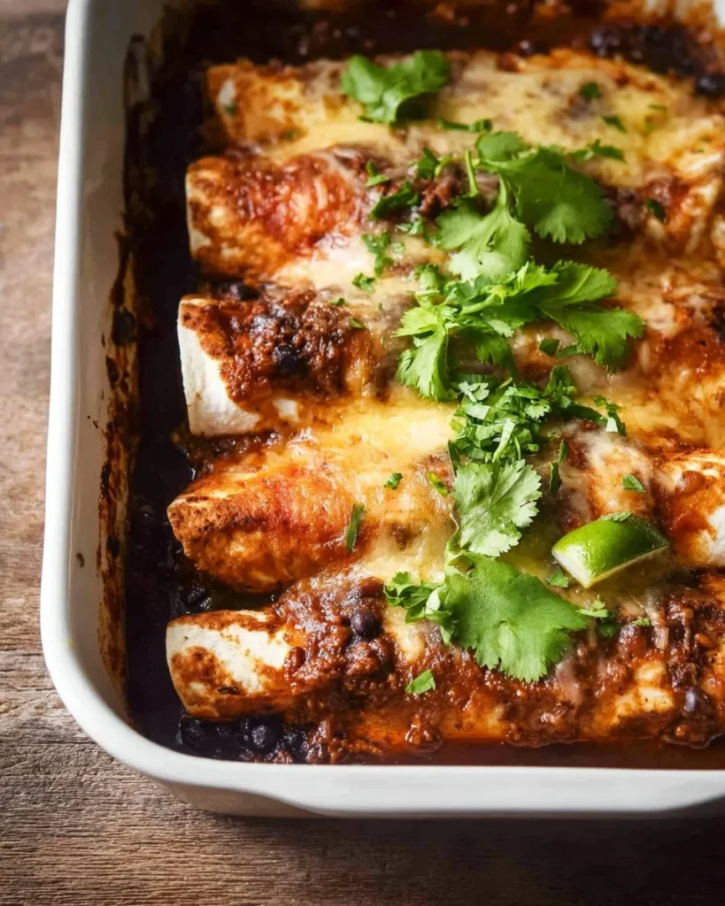 Delicious beef enchiladas topped with cheese and cilantro