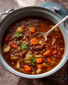Bowl of beef lentil soup with vegetables on a wooden table.