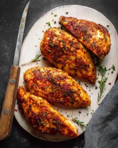 Juicy baked chicken breast with simple seasoning on a plate