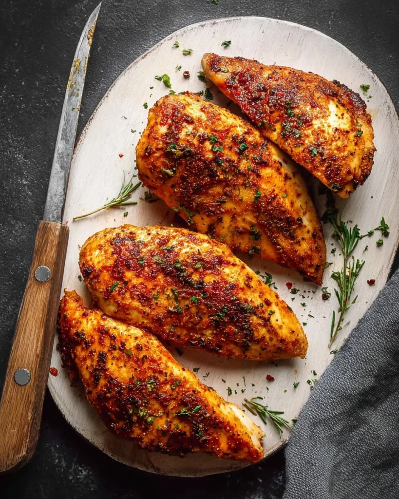 Juicy baked chicken breast with simple seasoning on a plate