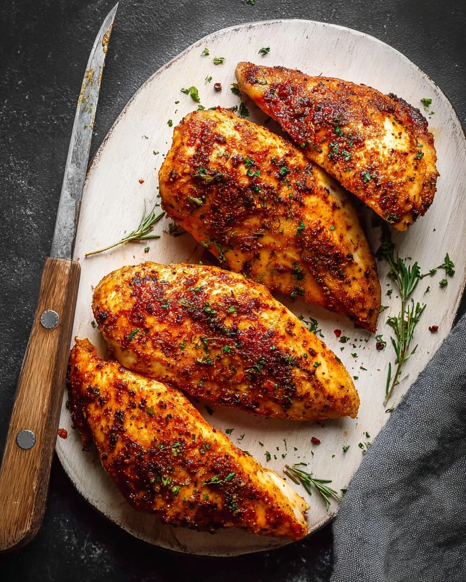 Juicy baked chicken breast with simple seasoning on a plate