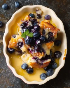 Delicious homemade blueberry bread pudding with fresh blueberries and custard