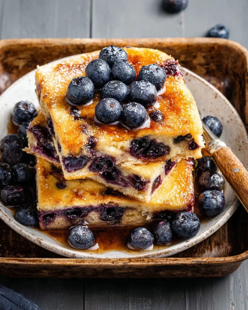 Sheet pan blueberry pancakes ready to be served on a breakfast table