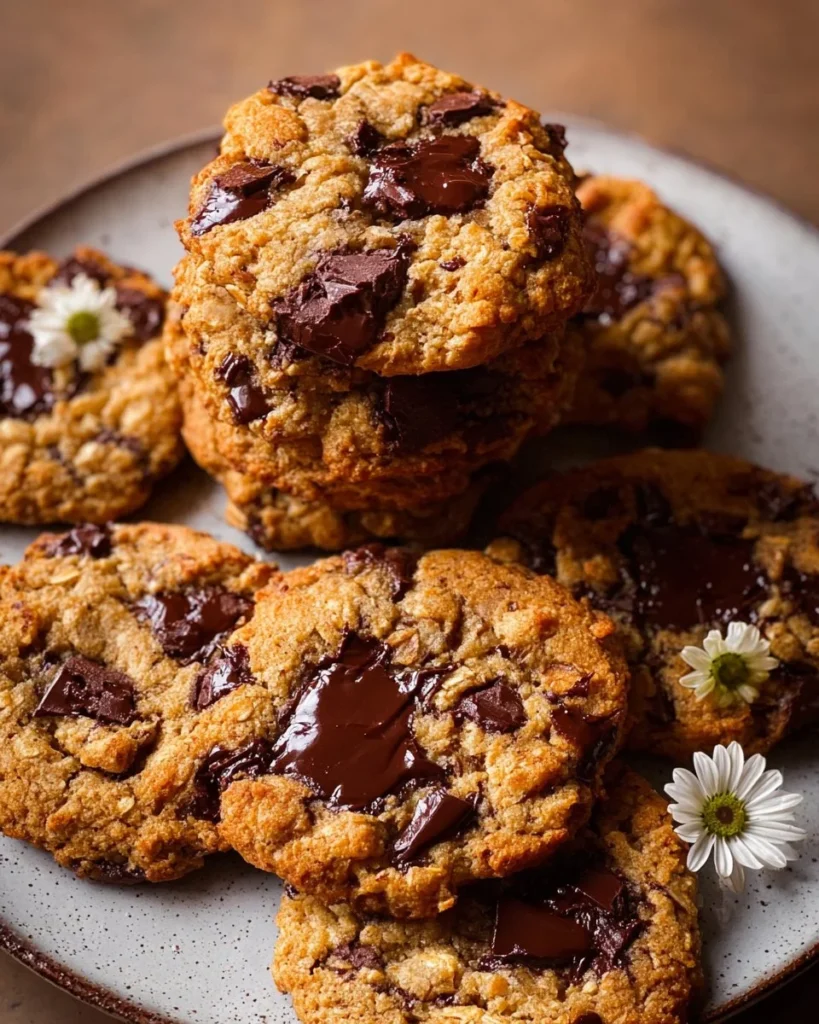 Brown butter oatmeal chocolate chip cookies on a plate