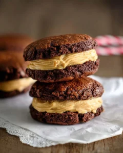 Brownie Cookie Sandwich with Peanut Butter Frosting on a plate