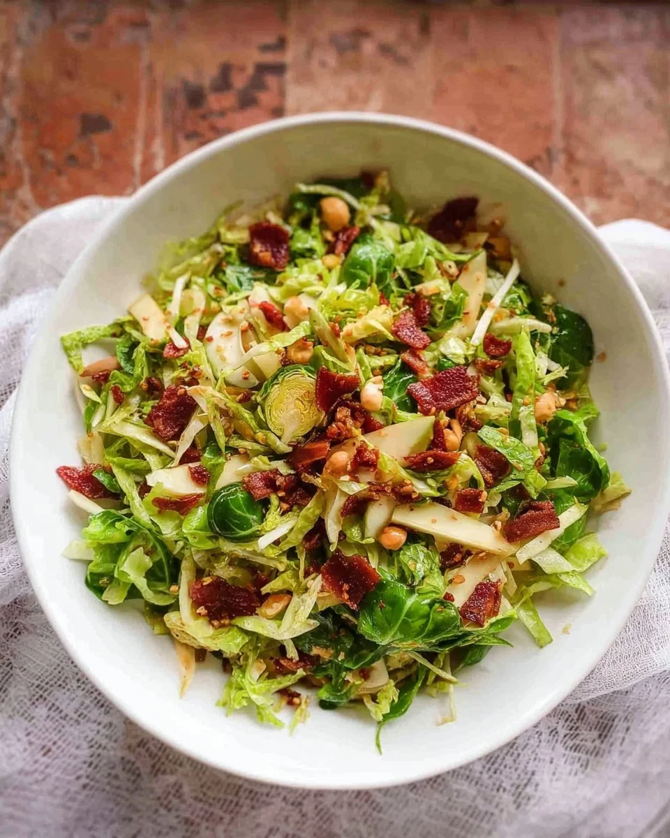 Fresh brussel sprout salad with nuts and cranberries on a wooden table