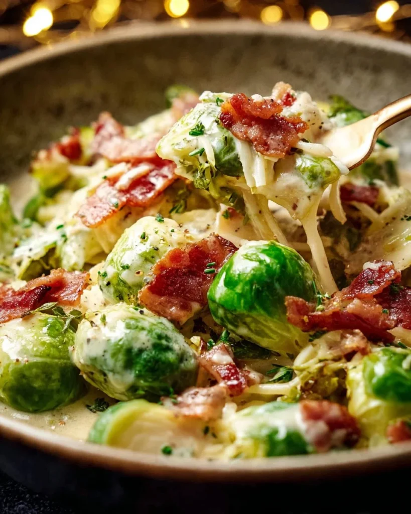 Brussels sprouts in a creamy carbonara sauce with crispy bacon on top