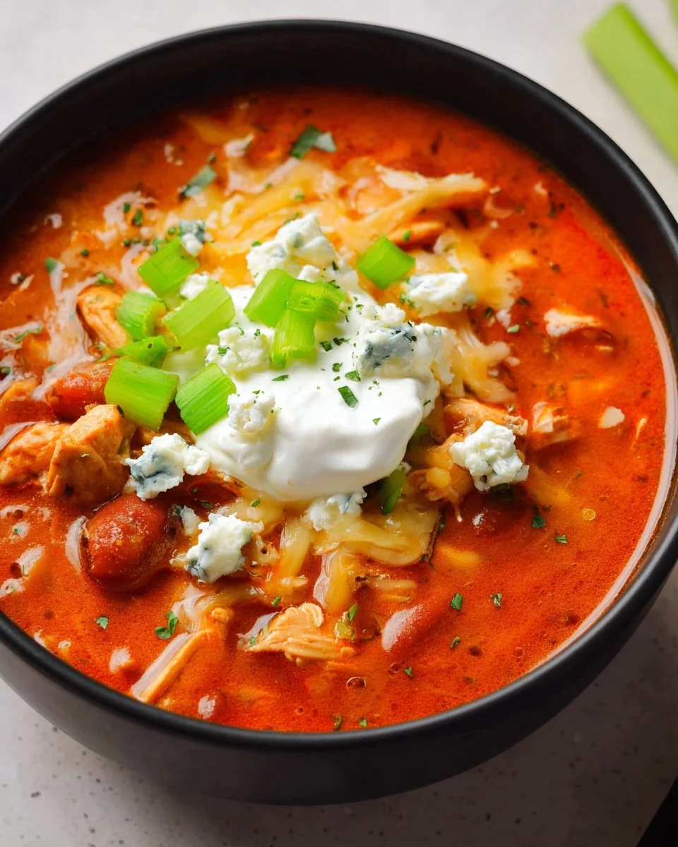 Delicious Bowl of Buffalo Chicken Chili with toppings and fresh herbs