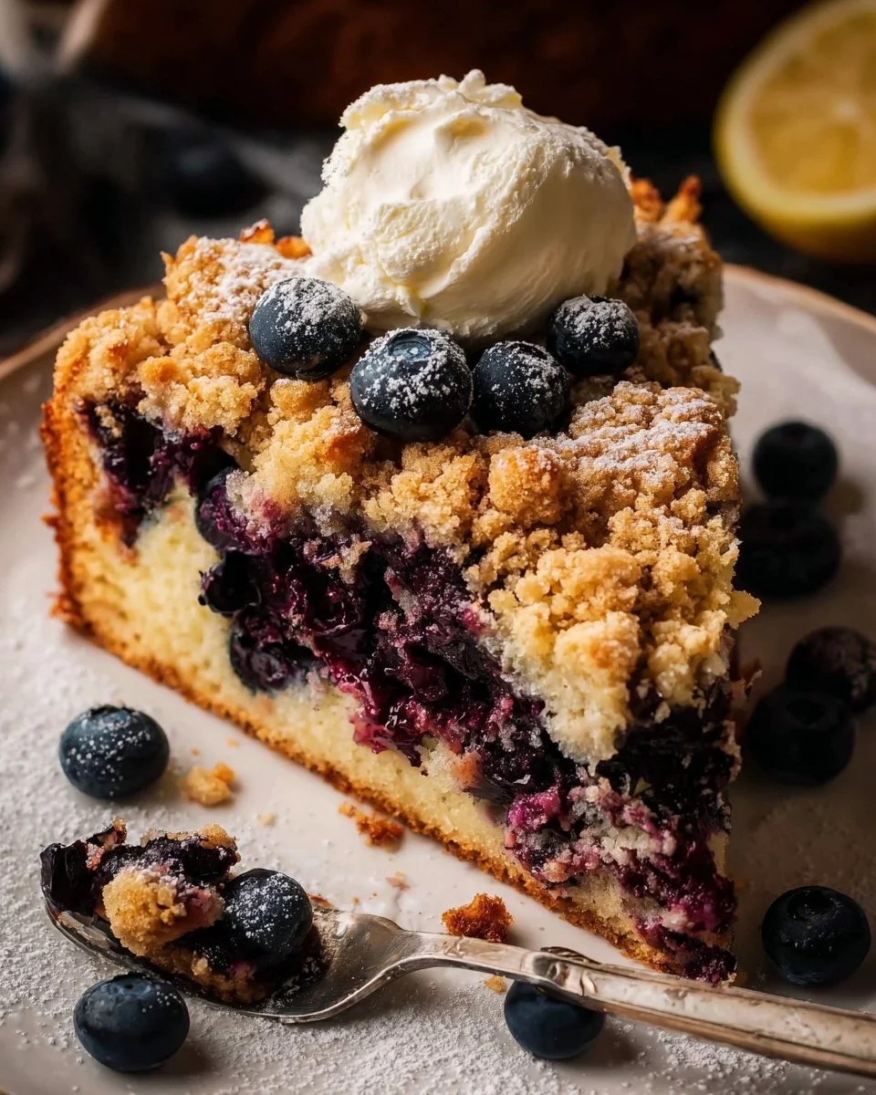 Bursting blueberry crumb cake with fresh blueberries and crumb topping