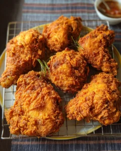 A plate of crispy buttermilk fried chicken, garnished with herbs.