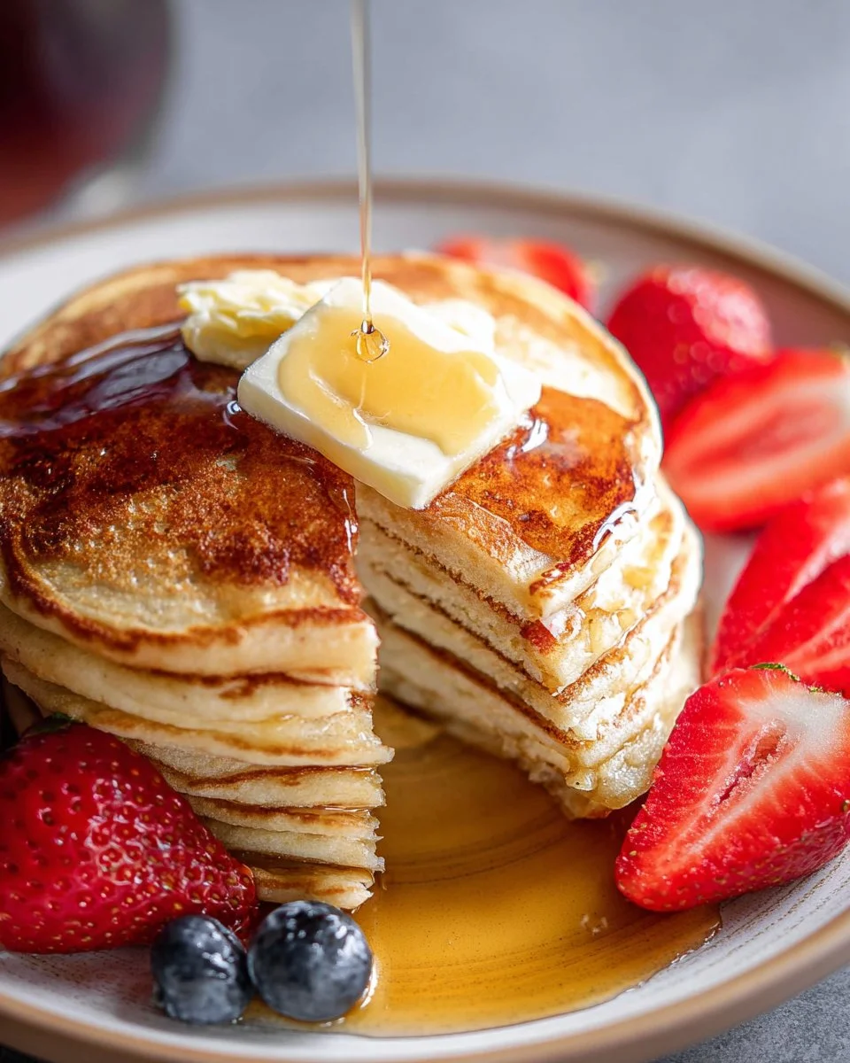 Fluffy buttermilk pancakes stacked with syrup and butter