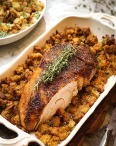 Cajun baked turkey breast with savory dressing on a dining table.