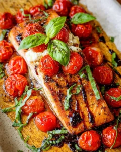 Delicious Caprese Stuffed Salmon with Balsamic Roasted Tomatoes on a plate