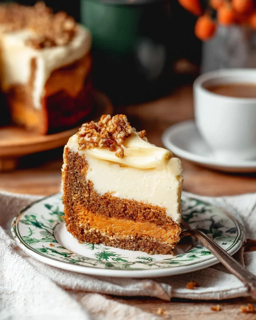 Delicious carrot cake cheesecake topped with cream cheese frosting