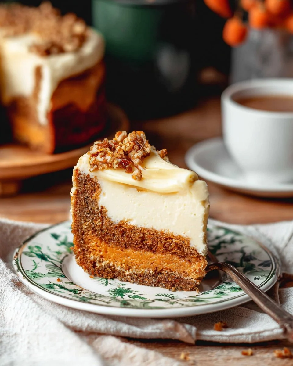 Delicious carrot cake cheesecake topped with cream cheese frosting