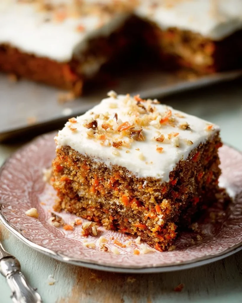 Delicious homemade Carrot Sheet Cake with cream cheese frosting and walnuts.