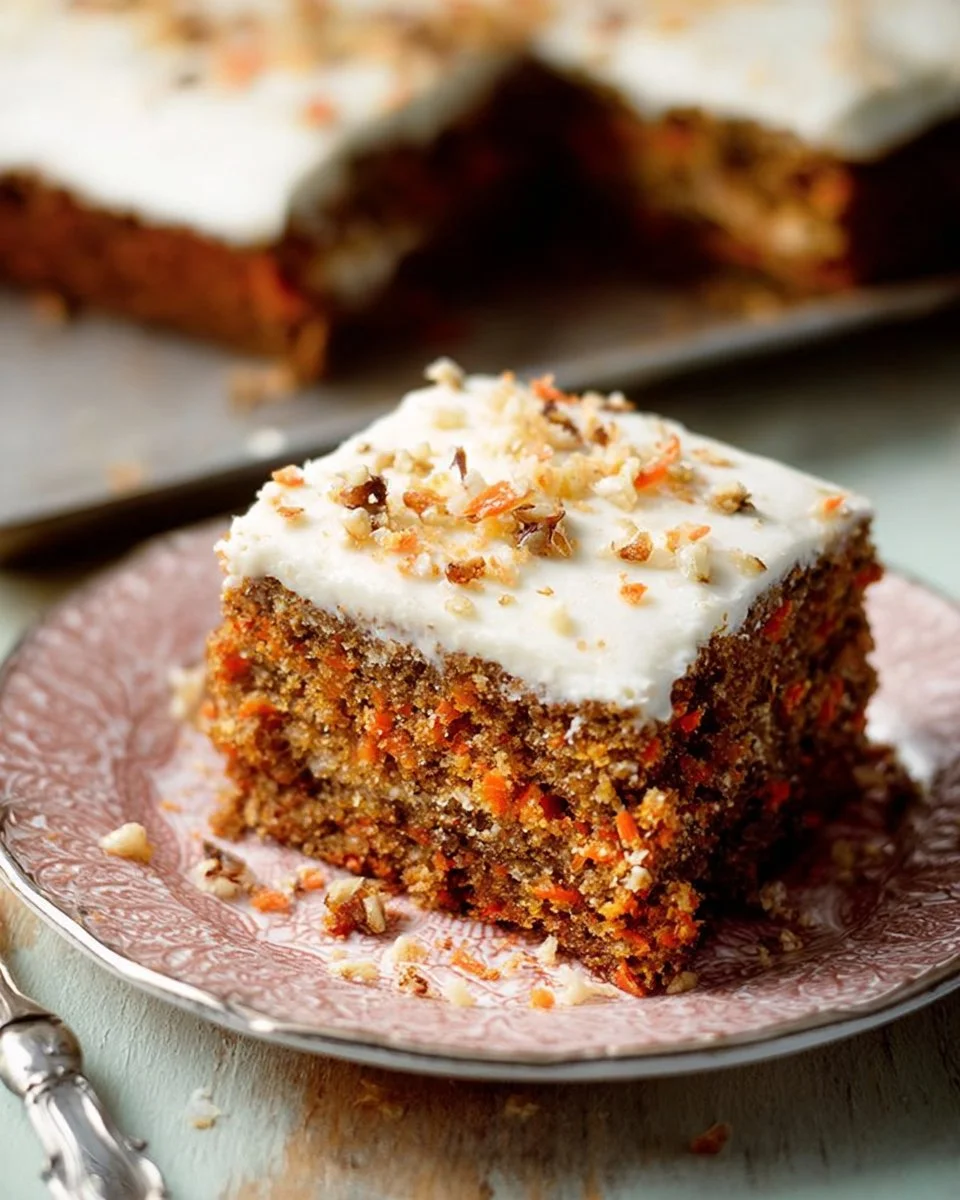 Delicious homemade Carrot Sheet Cake with cream cheese frosting and walnuts.