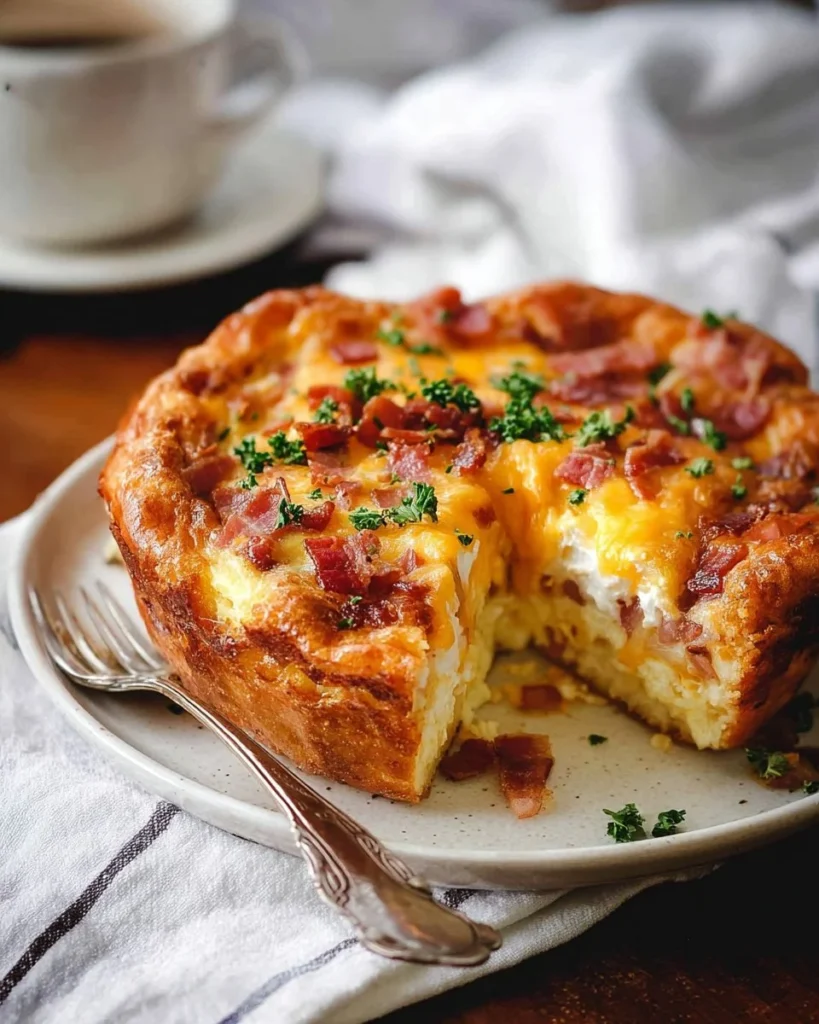 Cheese and bacon breakfast strata cake served in a casserole dish.