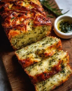 Cheese, garlic and herb quick bread baked without yeast, served on a wooden table.