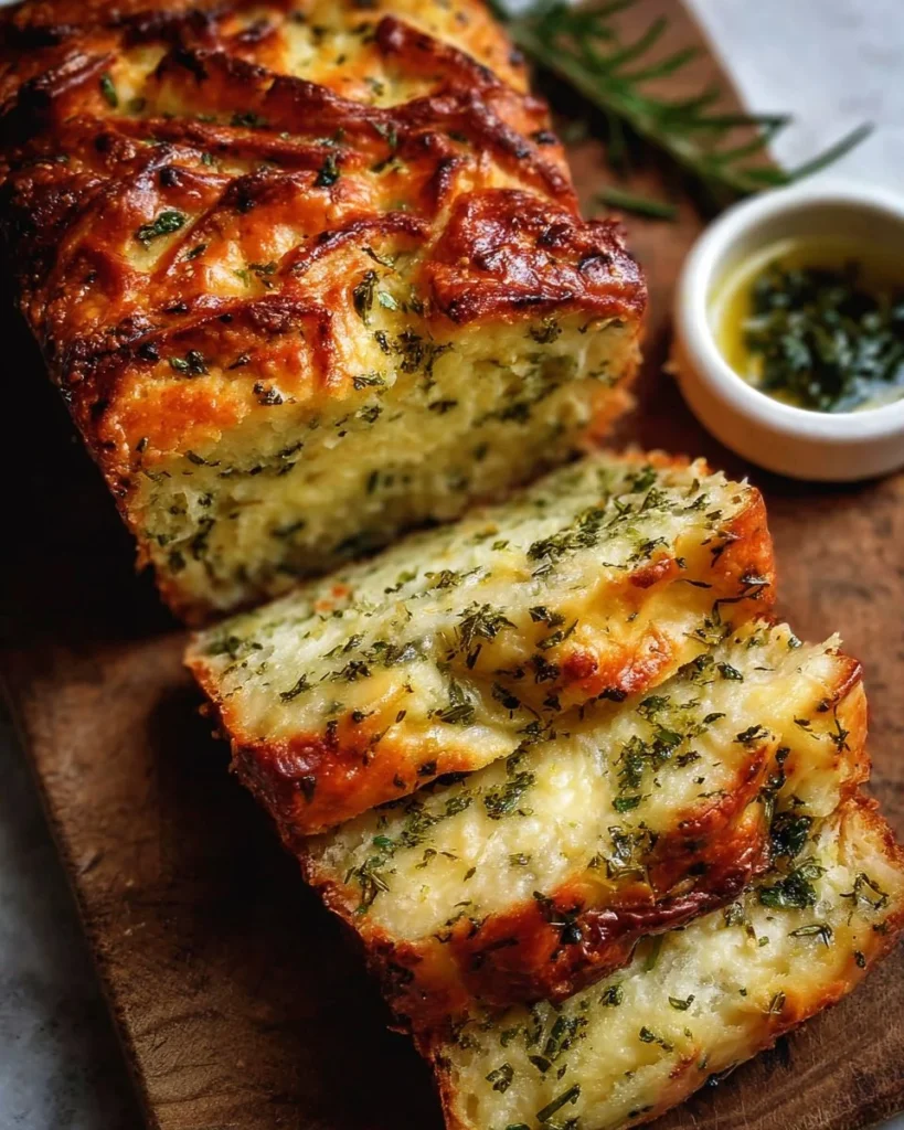Cheese, garlic and herb quick bread baked without yeast, served on a wooden table.
