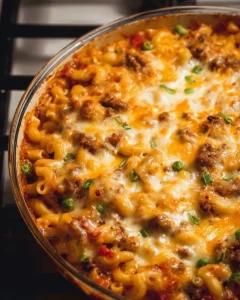 Delicious cheeseburger casserole topped with melted cheese and served in a baking dish