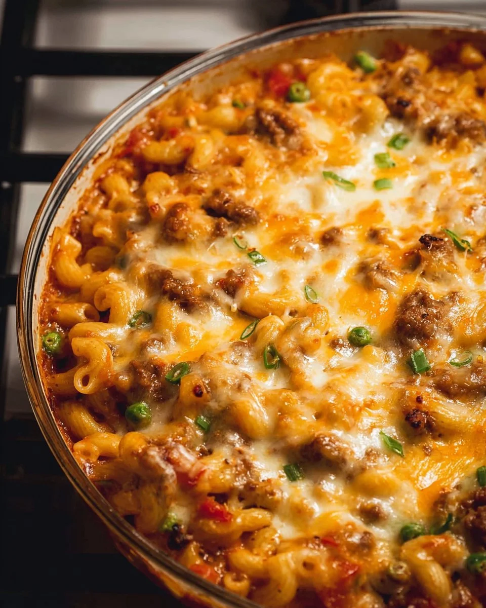 Delicious cheeseburger casserole topped with melted cheese and served in a baking dish